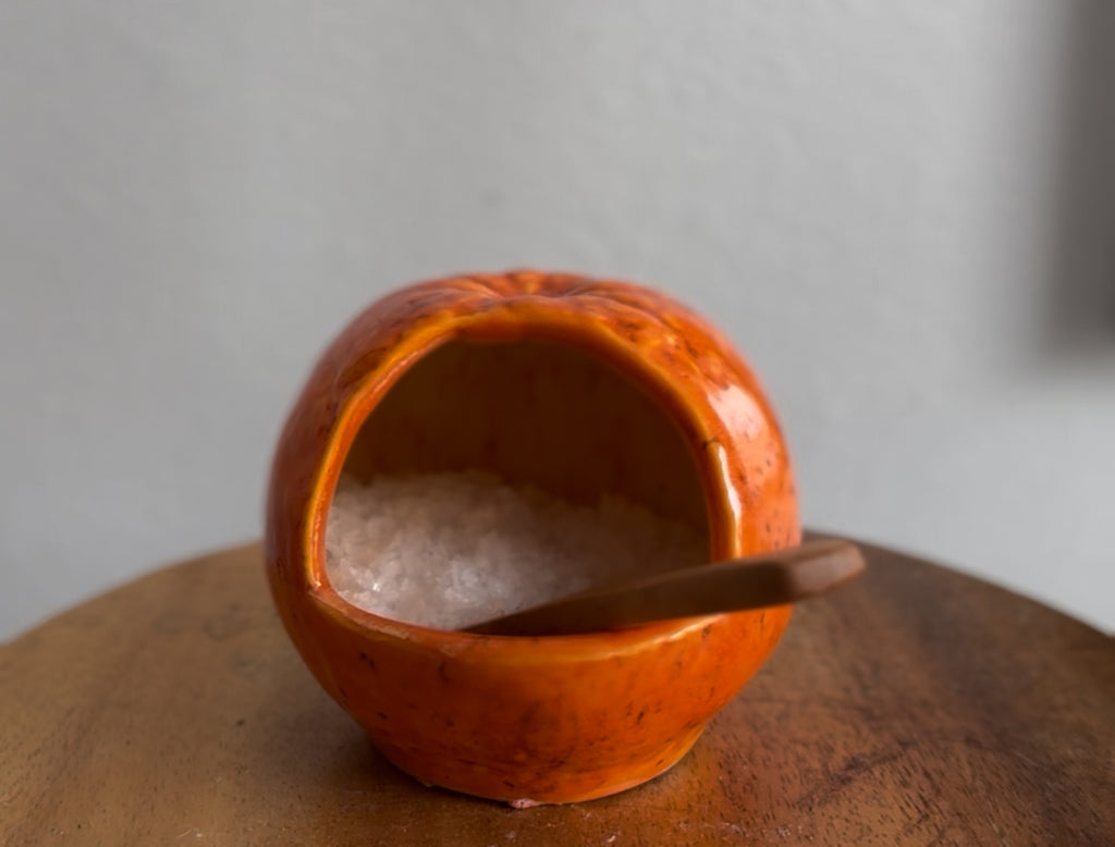 ceramic orange salt cellar, salt pig
