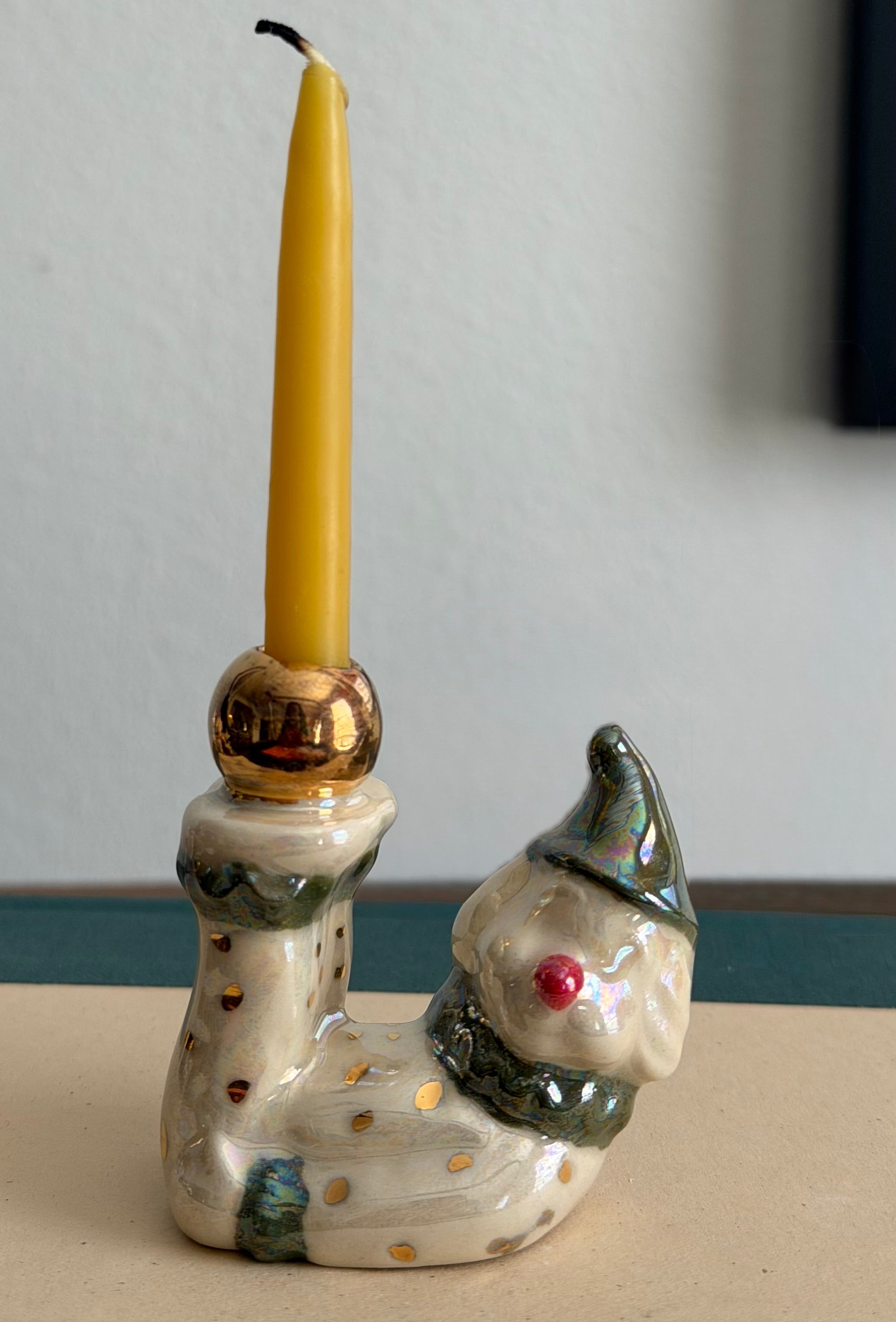 Handmade ceramic clown cake toppers, birthday candle holder, circus, gold