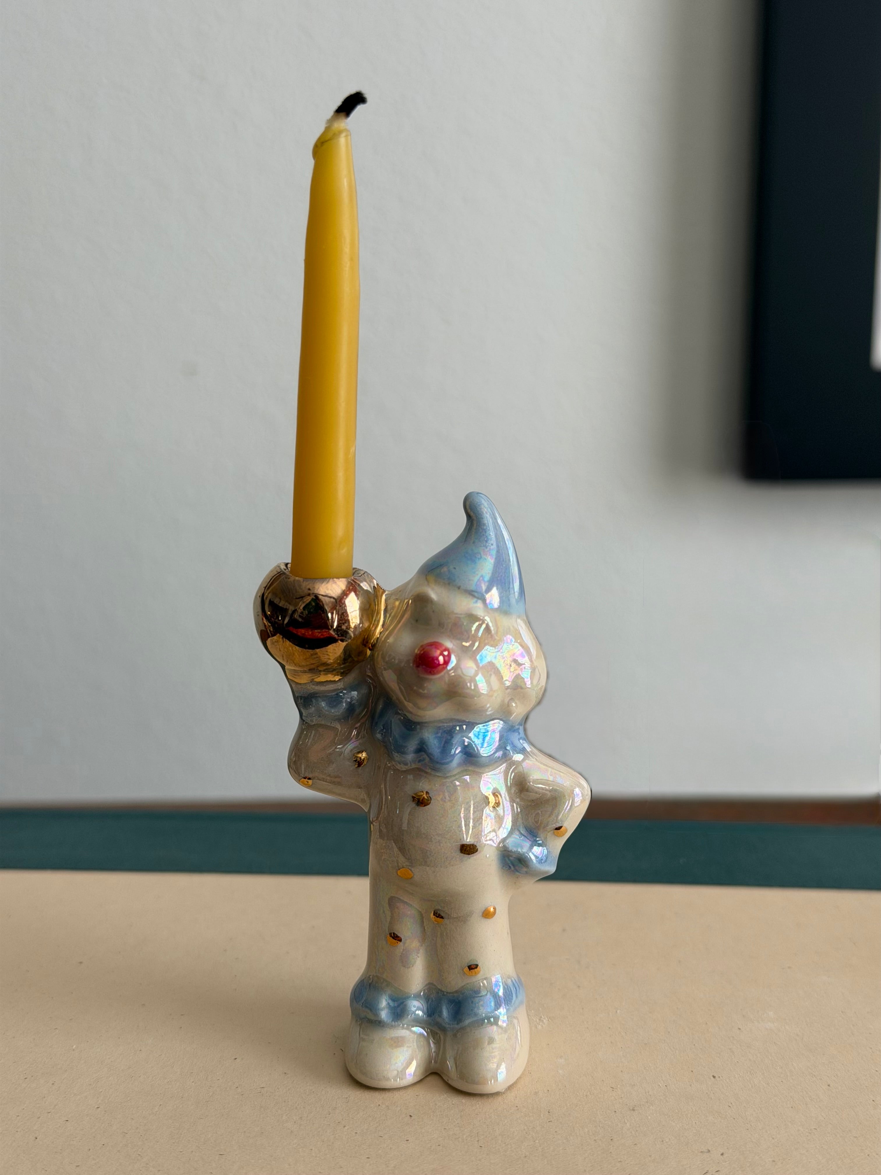 Handmade ceramic clown cake toppers, birthday candle holder, circus, gold