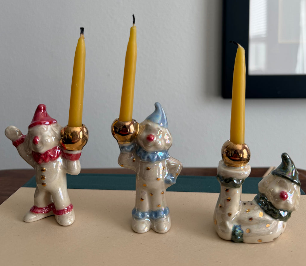 Handmade ceramic clown cake toppers, birthday candle holder, circus, gold