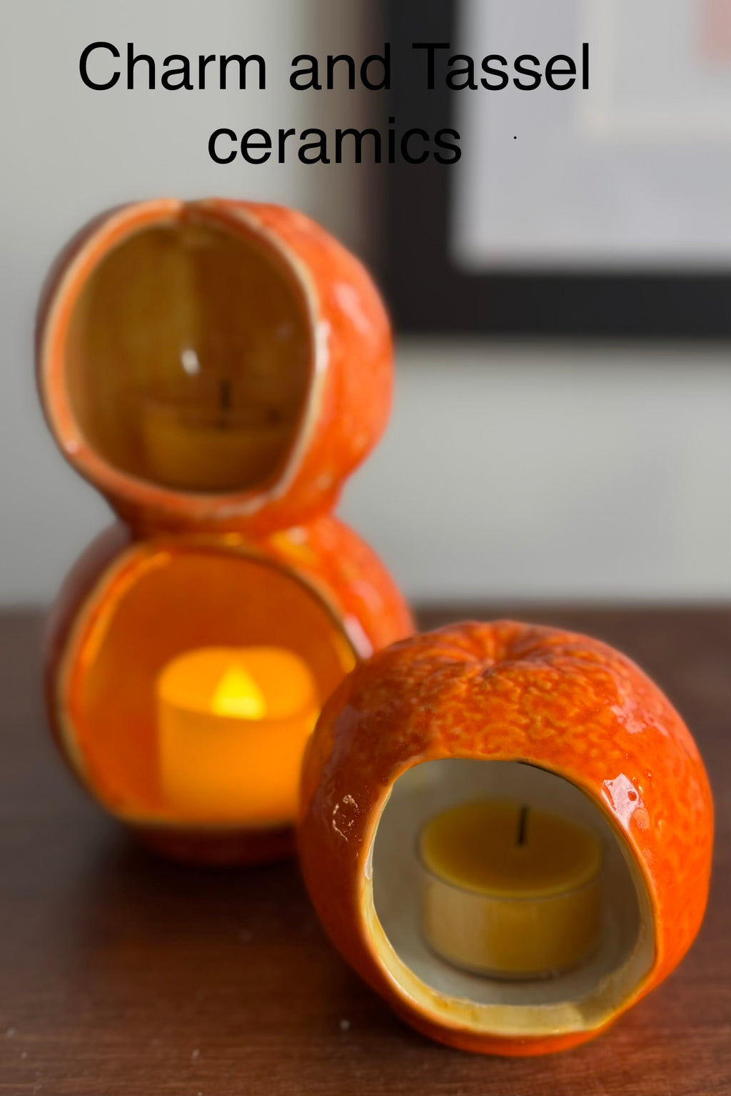 ceramic orange candle holder, votive holder, fake candle