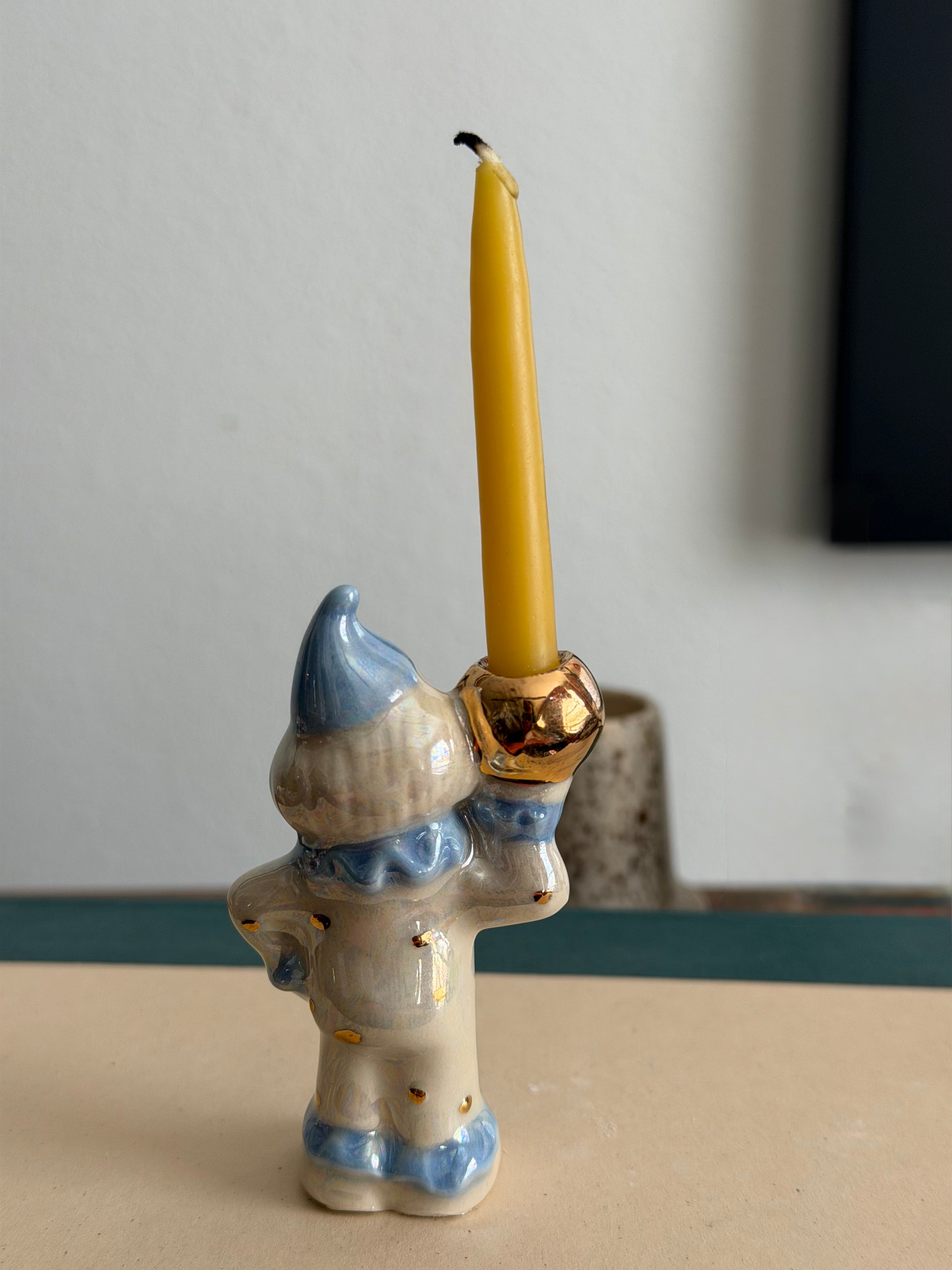 Handmade ceramic clown cake toppers, birthday candle holder, circus, gold
